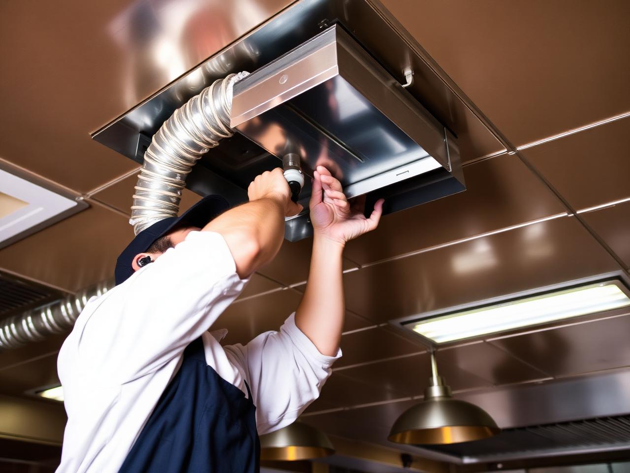 Technician working on commercial kitchen grease duct