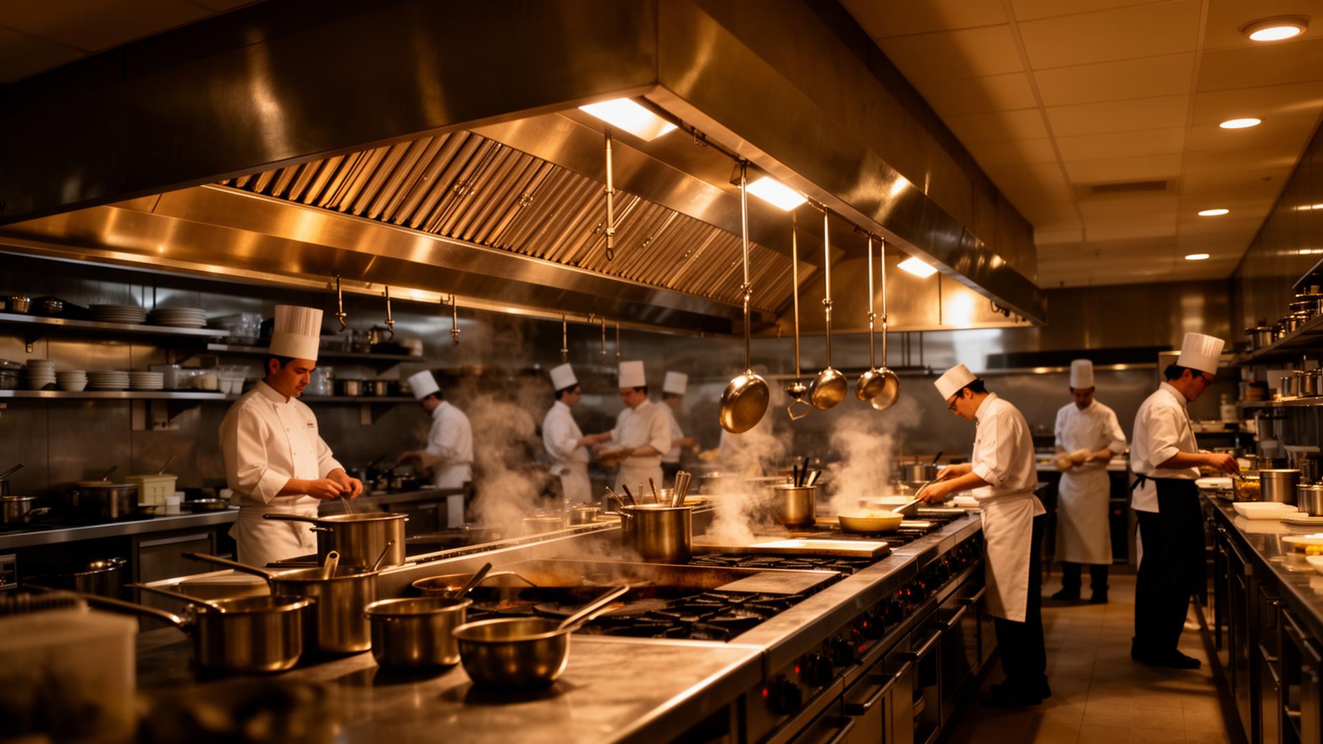 Commercial restaurant kitchen with large stainless steel exhaust hood system